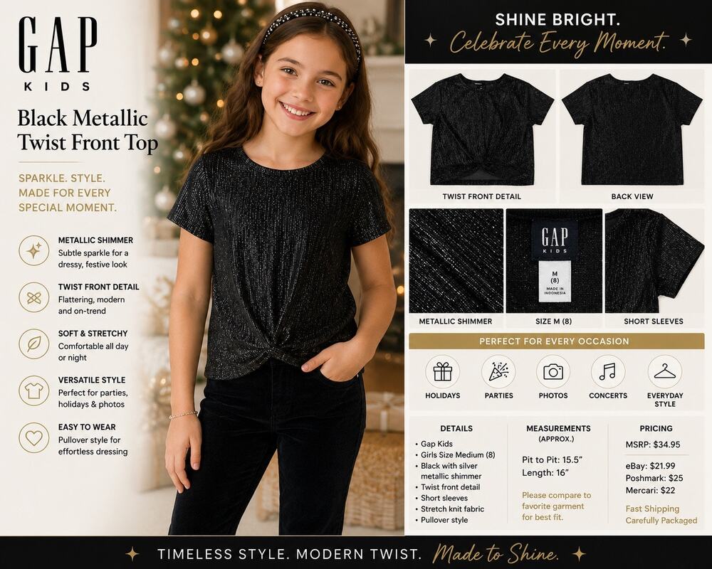 Gap Kids Black Metallic Twist Front Top Girls M 8 Sparkle Short Sleeve NWOT